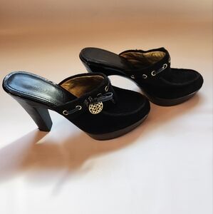 Coach Womens Jodey Black Suede & Patent Leather Mules Platform Heels Size 8